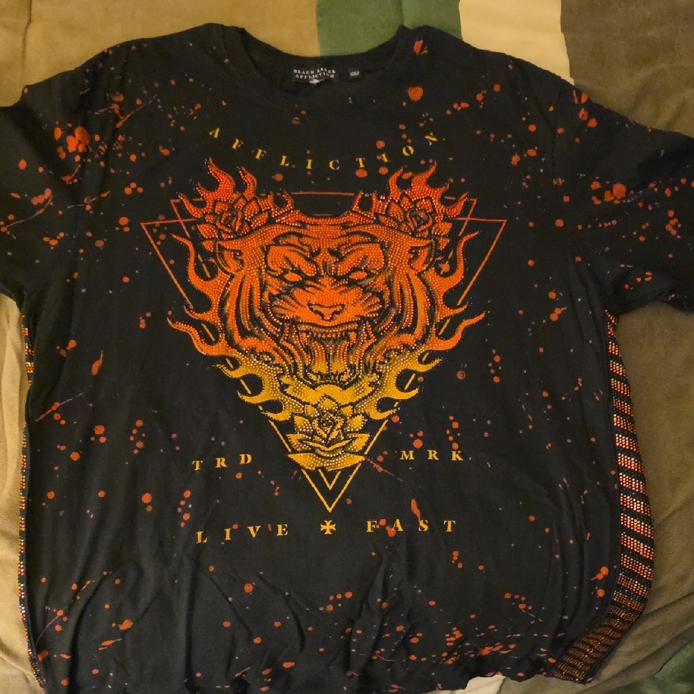 Affliction Black T-Shirt with Orange and Yellow Flame Tiger With Rhinestones